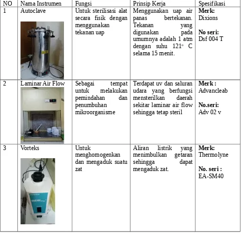 Table 01. Hasil Pengamatan Jenis-Jenis Instrumen di Laboratorium Mikrobiologi