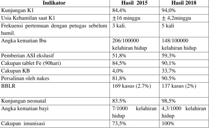 Tabel  2.  Pencapaian  beberapa  indikator  kesehatan  yang  berkaitan  dengan  kegiatan  posyandu prakonsepsi tahun 2015 – 2018 