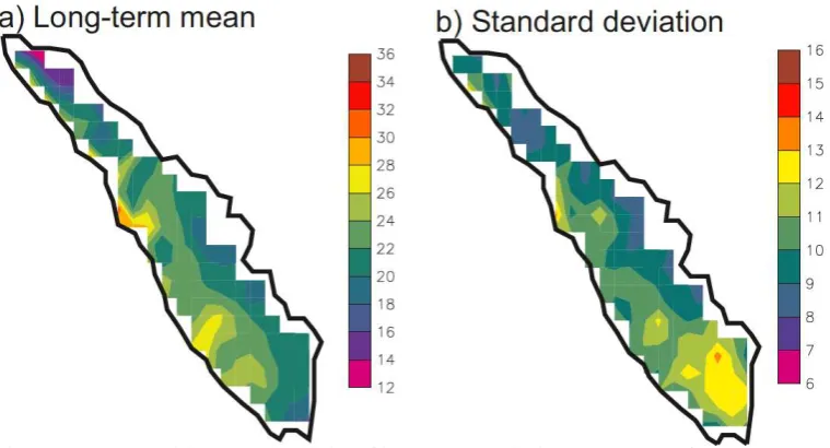 Figure 1. (a) Mean and (b) standard deviation of long-term precipitation over Sumatera from 1900 – 2000