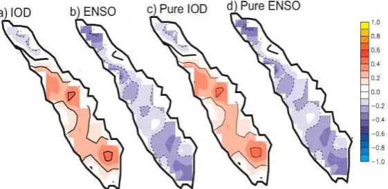Figure 4. Distribution of normal correlation coefficients between precipitation and DMI (a) and Niño3.4 index (b) during the  northwest monsoon (DJF) season