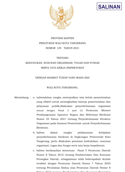 Provinsi Banten Peraturan Wali Kota Tangerang Nomor 129 Tahun 2021 Tentang Kedudukan Susunan 2205