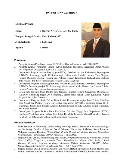 DAFTAR RIWAYAT HIDUP. Identitas Pribadi. : Hasyim Asy Ari, S.H., M.Si ...