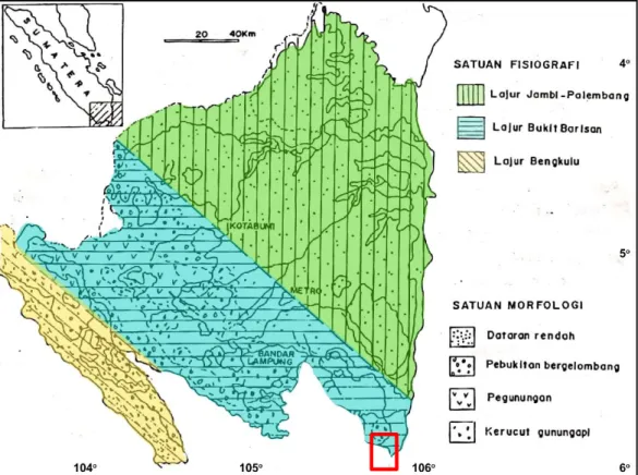 Gambar II.1. Tatanan fisiografi  daerah Lampung (Mangga, dkk., 1994) (daerah  penelitian ditunjukkan oleh kotak berwarna merah).1 