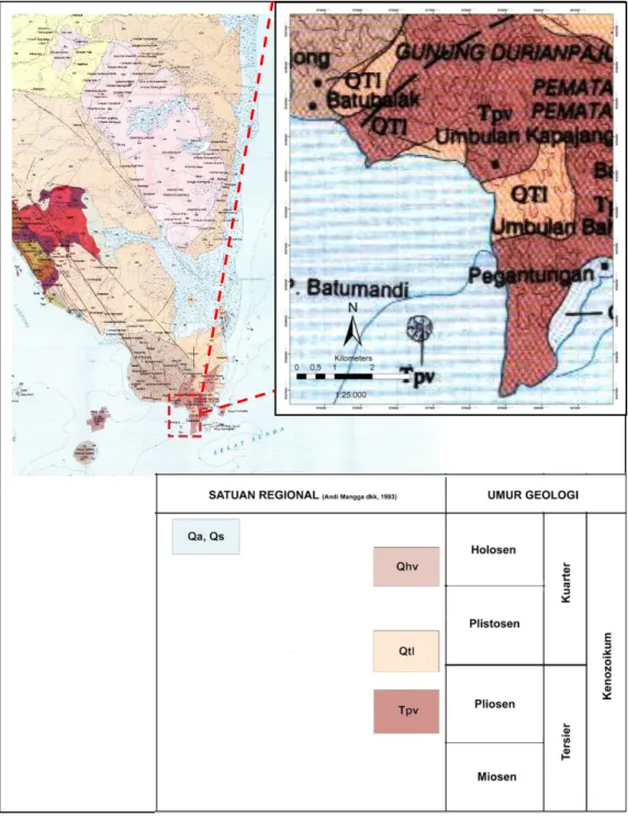 Gambar  II.2.  Peta  geologi  dan  stratigrafi  regional  Lembar  Tanjungkarang,  (berfokus pada daerah penelitian)