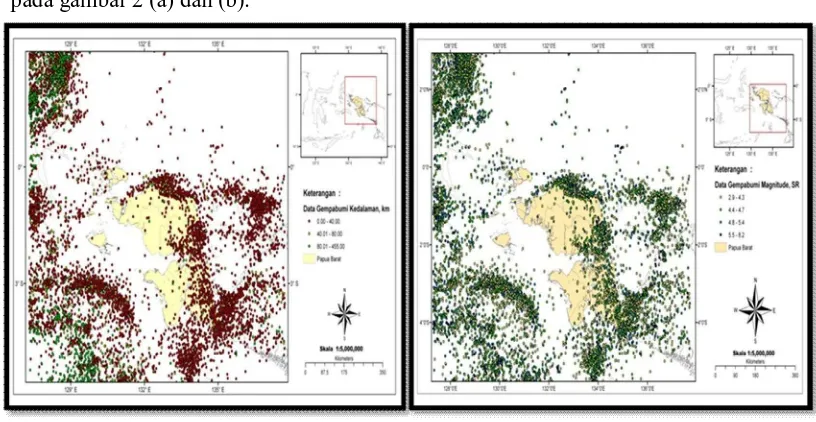 Gambar 2. (a) Distribusi episenter gempabumi wilayah Sorong, (b) Distribusi magnitude Gempabumi wilayah Sorong 