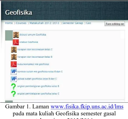 Gambar 1. Laman www.fisika.fkip.uns.ac.id/lms pada mata kuliah Geofisika semester gasal  
