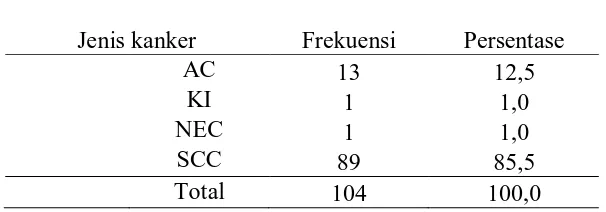 Tabel ini menunjuk sebanyak 13 kasus adenocarsinoma (12,5%), 1 kasus 
