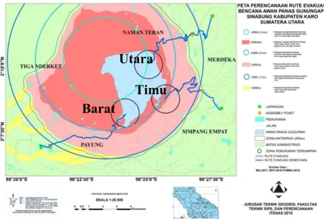 Gambar 4. Rute Evakuasi di Titik Awal dan Akhir dalam Tiga Area (Barat Daya, Utara, dan  Timur) 