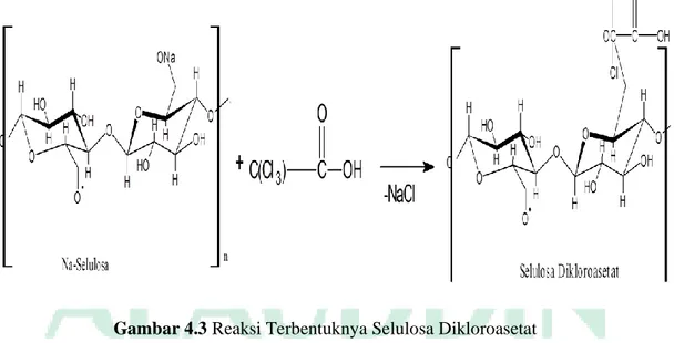 Gambar 4.2 menunjukkan adanya proses alkalisasi dengan penambahan NaOH, -OH  primer  pada  selulosa  akan  bereaksi  dengan  NaOH  sehingga  membentuk  natrium  selulosa