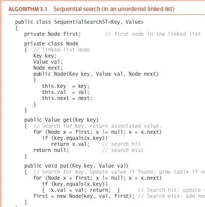 table (and returns the associated value if so). The put() implementation also searches the list sequen-