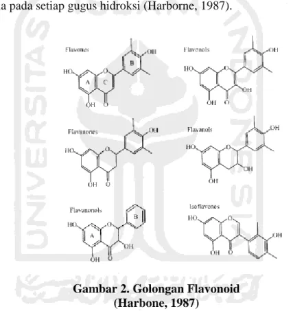 Gambar 2. Golongan Flavonoid  (Harbone, 1987) 