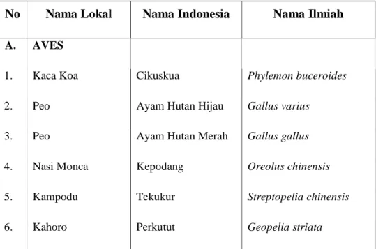 Tabel  3. Daftar Satwa di TWA Madapangga Kabupaten Bima 