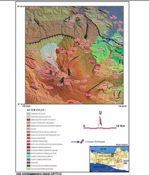 Gambar 2. Peta Geologi Lembar Ungaran dan lokasi lintasan Kalikayen.