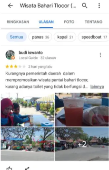 Gambar 1. Salah Satu Ulasan di Google Maps untuk Wisata  Bahari Tlocor