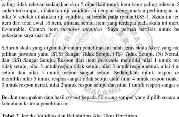 Tabel 2. Indeks Validitas dan Reliabilitas Alat Ukur Penelitian 
