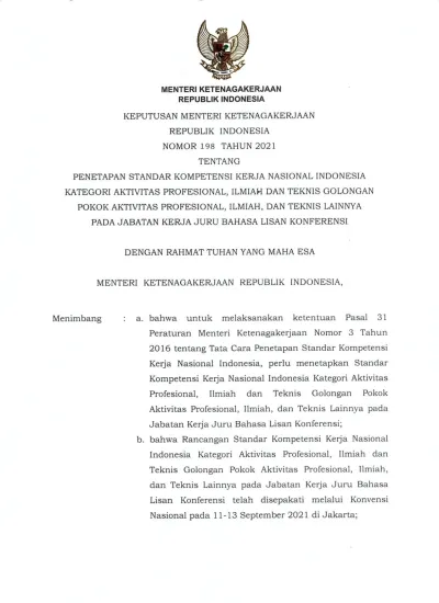 LAMPIRAN KEPUTUSAN MENTERI KETENAGAKERJAAN REPUBLIK INDONESIA NOMOR 198 ...