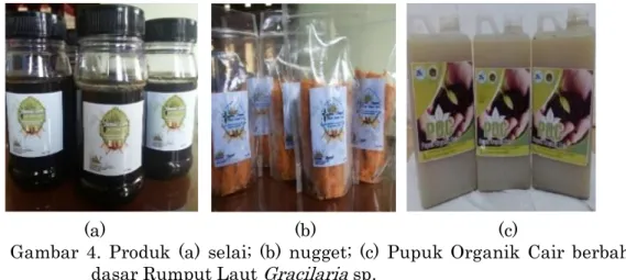 Gambar  4.  Produk  (a)  selai;  (b)  nugget;  (c)  Pupuk  Organik  Cair  berbahan  dasar Rumput Laut  Gracilaria  sp