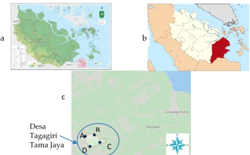 Gambar 1. Peta pengambilan sampel di Desa Tagagiri Tama Jaya. a: Profinsi Riau. b: Kabupaten Inhil