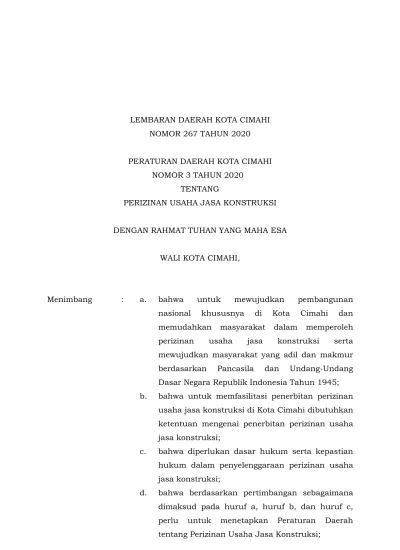 LEMBARAN DAERAH KOTA CIMAHI NOMOR 267 TAHUN 2020 PERATURAN DAERAH KOTA ...