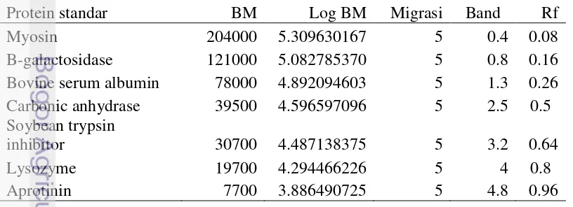 Tabel 6  Hubungan berat molekul protein standar dengan migrasi relatif  (Rf)  