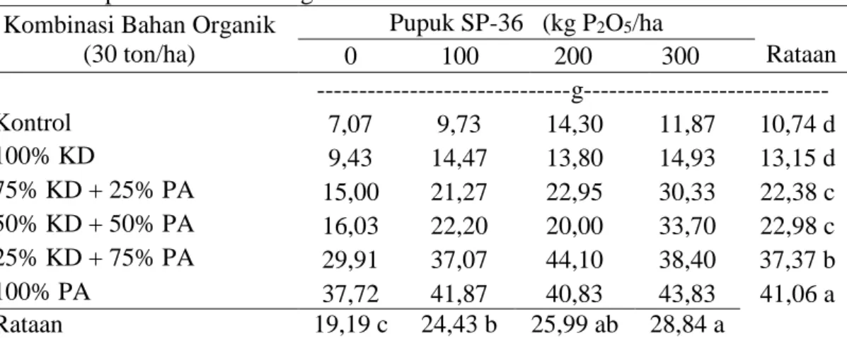 Tabel 2. Nilai bobot kering tajuk akibat pemberian kombinasi bahan organik dan pupuk  SP- SP-36 pada akhir masa vegetatif tanaman 
