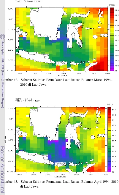 Gambar 43.   Sebaran Salinitas Permukaan Laut Rataan Bulanan April 1994–2010 
