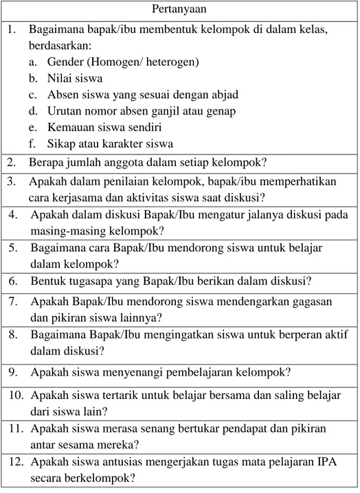 Tabel 3. Daftar Pertanyaan Wawancara Guru  Pertanyaan 