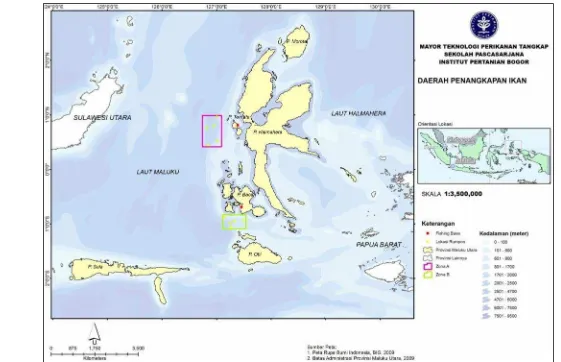 Gambar 9 Lokasi daerah penangkapan cakalang (<=>?@ABC@?DEF=GH ?) di wilayah perairan barat (zona A) dan selatan (zona B) ProvinsiMaluku Utara.