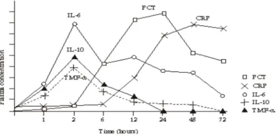 Gambar 2.3 Perbandingan waktu dan kepekatan prokalsitonin disbanding dengan beberapa  penanda sepsis lain