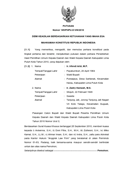 PUTUSAN Nomor 185/PHPU.D-VIII/2010 DEMI KEADILAN BERDASARKAN KETUHANAN ...