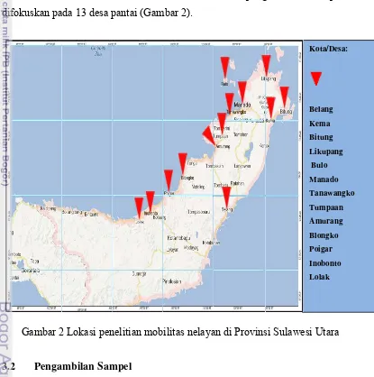 Gambar 2 Lokasi penelitian mobilitas nelayan di Provinsi Sulawesi Utara 