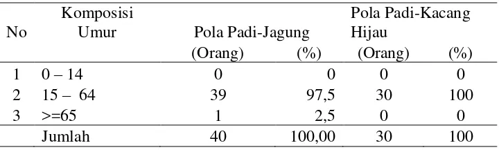 Tabel   9.  Sebaran petani sampel pola padi-jagung dan padi-kacang hijau berdasarkan umur di Desa Rejo Mulyo, Tahun 2009 