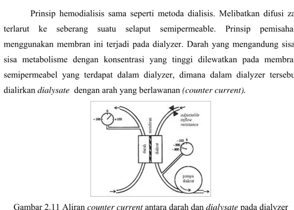 Gambar 2.11 Aliran counter current antara darah dan dialysate pada dialyzer 