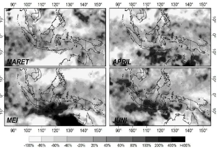 Gambar 2.  Pola spasial sebaran persentase penurunan dan peningkatan curah hujan  di Indonesia selama bulan Maret sampai Juni 2010