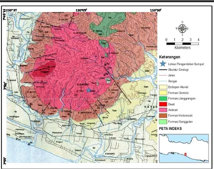 Gambar 1 Geologi lokal wilayah Kulon Progo berikut titik pengambilan sampel (Rahardjo dkk, 2012)