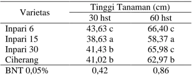 Tabel 2. Rata-rata tinggi tanaman VUB Inpari 6, Inpari  15, Inpari 30 dan varietas Ciherang umur 30  dan 60 hst di lokasi penelitian, 2017 