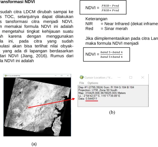 Gambar 5. (a) Citra LDCM transformasi NDVI, (b) Nilai pixel NDVI 