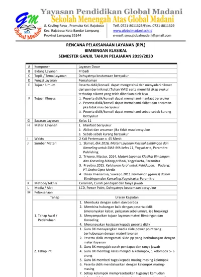 RENCANA PELAKSANAAN LAYANAN (RPL) BIMBINGAN KLASIKAL SEMESTER GANJIL ...