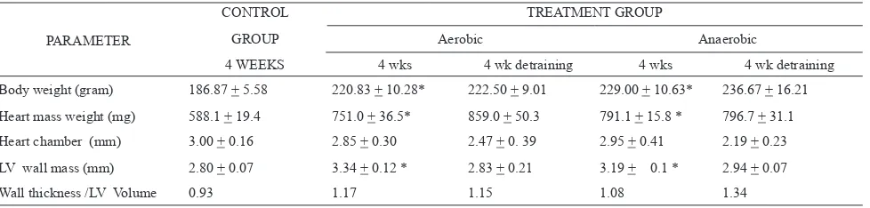 Table 1. Morphometric measurement of the heart after 4 weeks of aerobic/anaerobic exercise 