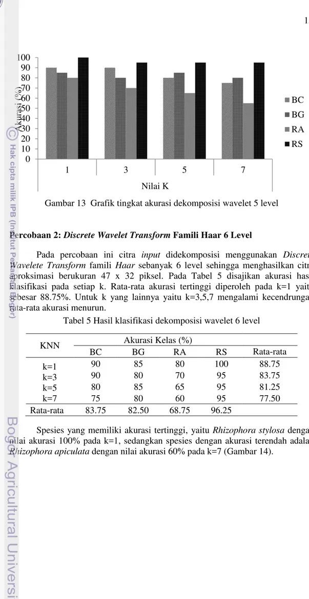 Gambar 13  Grafik tingkat akurasi dekomposisi wavelet 5 level 