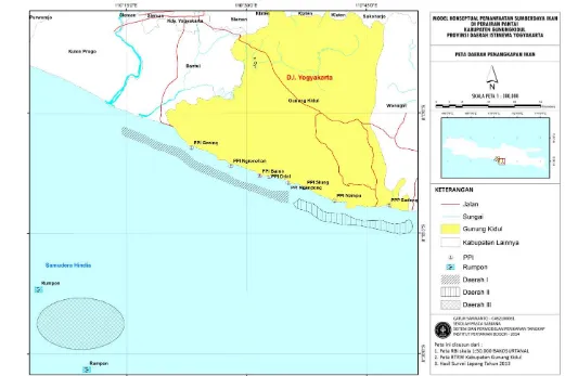 Gambar 12 Lokasi pendaratan ikan dan daerah penangkapan ikan nelayan Kabupaten Gunungkidul 