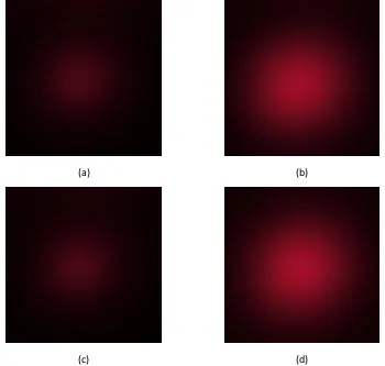Gambar 5. Gradasi Berkas Cahaya pada Periode Pengukuran, (a) awal, menit ke-0, (b) akhir, menit ke-120 (tanpa awetan) (c) awal, menit ke-0, (d) akhir, menit ke-120 (dengan awetan) 