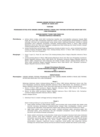 UNDANG-UNDANG REPUBLIK INDONESIA NOMOR 28 TAHUN 2007 TENTANG