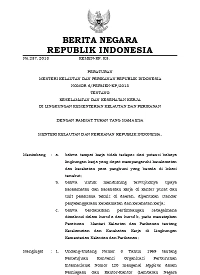 BERITA NEGARA REPUBLIK INDONESIA No.237, 2018 KEMEN-KP. K3. PERATURAN ...