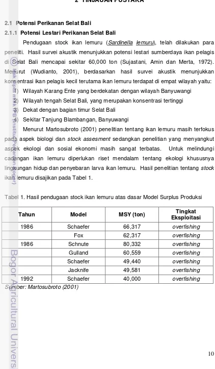 Tabel 1. Hasil pendugaan stock ikan lemuru atas dasar Model Surplus Produksi 