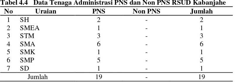Tabel 4.4   Data Tenaga Administrasi PNS dan Non PNS RSUD Kabanjahe 
