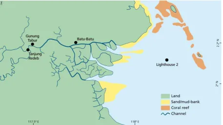 Figure 1. Map of the Berau delta and its channels in East Kalimantan, Indonesia with the coral barrier reef islands in the east (http://www.coastalresearch.nl)