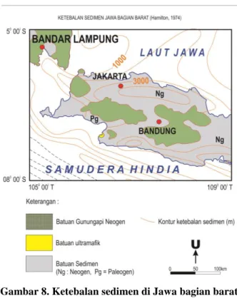 Gambar 8. Ketebalan sedimen di Jawa bagian barat   (Sumber : Hamilton, 1974 dalam Subagio, 2013)
