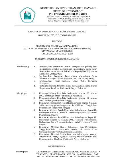 KEPUTUSAN DIREKTUR POLITEKNIK NEGERI JAKARTA NOMOR B/1225/PL3/TM.00.07 ...