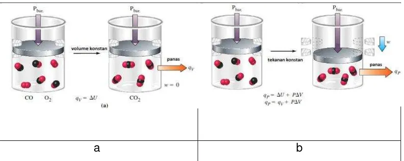 Gambar 2.3 Perbandingan kalor yang terjadi pada reaksi pembentukan gas CO2 dengan kondisi volume konstan (a) dan tekanan konstan (b)  